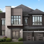 Unionville Upper East Side homes, Fieldgate Homes Unionville, luxury townhomes in Markham, pre-construction homes in Unionville, invest in Markham real estate, Unionville community amenities, best neighborhoods in Markham, family-friendly living in Unionville, exclusive incentives for new homes, serene living in Unionville, quality schools in Unionville, outdoor recreation in Markham, modern homes near Toronto, Unionville real estate investment, luxury living in Markham.A modern two-story house with a mix of dark brick and light stone exterior. It features large windows, a double garage with gray doors, and a lush green lawn with shrubs and trees surrounding the property. Reminiscent of Upper East Side elegance, the sky is clear with a few clouds floating by.