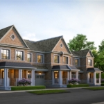 A row of modern, two-story brick townhouses with gabled roofs and dormer windows showcases the elegance of new homes in GTA. Each house features a white front porch and manicured shrubbery. The street is empty, under a clear sky with soft lighting, embodying the appeal of Gagan Bector.
