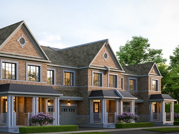 A row of modern, two-story brick townhouses with gabled roofs and dormer windows showcases the elegance of new homes in GTA. Each house features a white front porch and manicured shrubbery. The street is empty, under a clear sky with soft lighting, embodying the appeal of Gagan Bector.