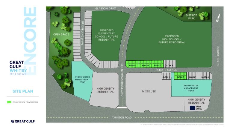 The site plan for "Encore - Great Gulf Whitby Meadows" features proposed residential spaces, schools, mixed-use areas, stormwater management ponds, parking, and a district park. With new homes in GTA emerging here, roads include Glassow Drive, Regatta Avenue, and Taunton Road.