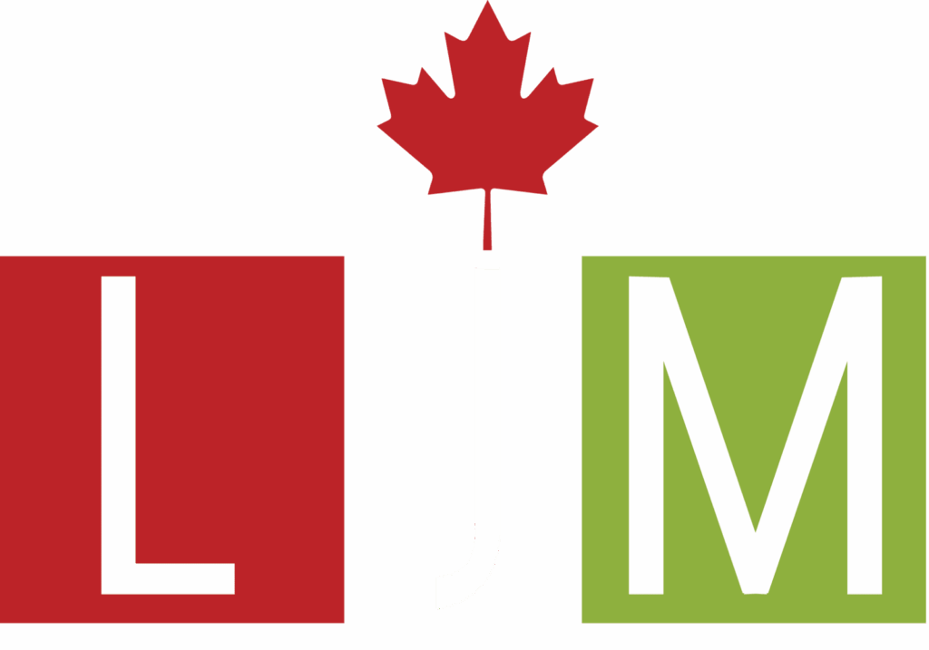 Logo with red 'L', a maple leaf, and green 'M' arranged to form the initials LJM, possibly representing LJM Developments, a brand with a connection to Canada.