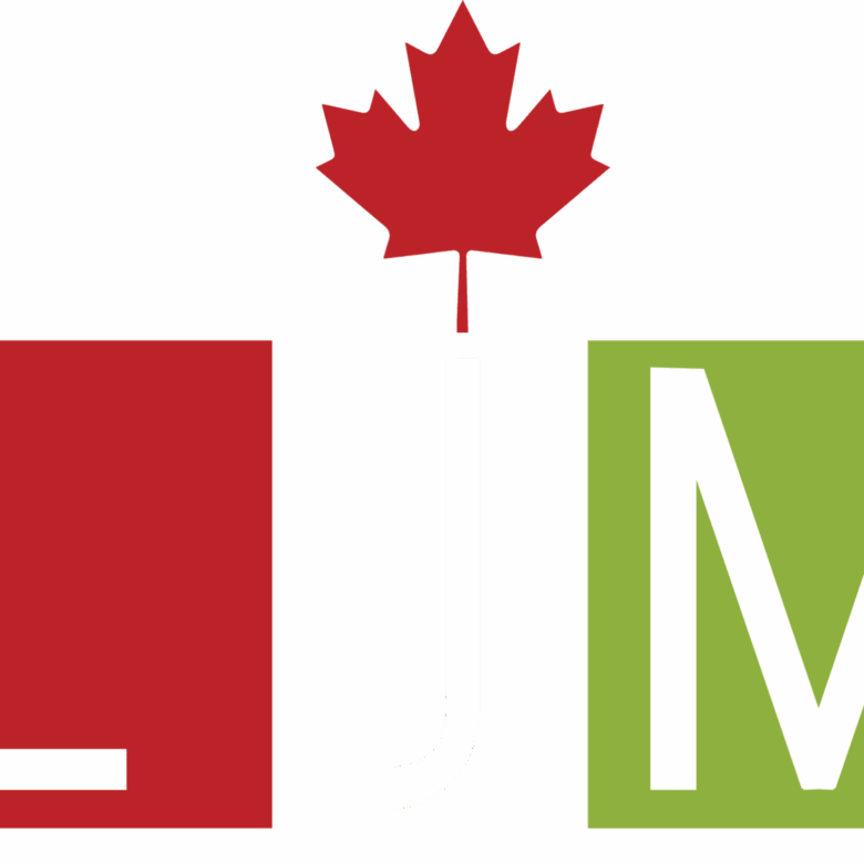 Logo with red 'L', a maple leaf, and green 'M' arranged to form the initials LJM, possibly representing LJM Developments, a brand with a connection to Canada.
