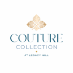 Logo for the "Couture Collection at Legacy Hill" featuring an elegant, gold, symmetrical design resembling leaves or feathers above the text. The sophisticated blue and grey font on a black background creates a luxurious and upscale look for Legacy Hill's premier collection.