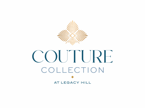 Logo for the "Couture Collection at Legacy Hill" featuring an elegant, gold, symmetrical design resembling leaves or feathers above the text. The sophisticated blue and grey font on a black background creates a luxurious and upscale look for Legacy Hill's premier collection.