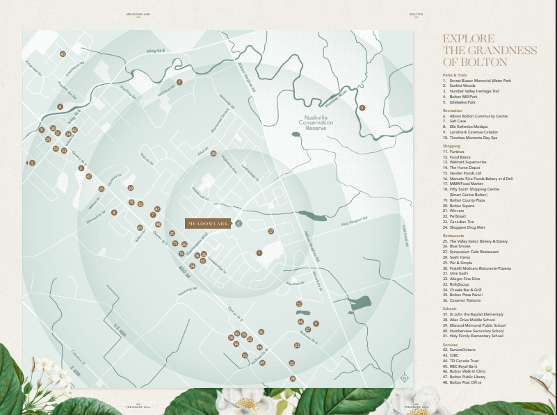 A detailed map of Bolton highlighting various points of interest with numbered markers. An index on the right lists locations corresponding to the map markers. The background features botanical elements with white flowers at the bottom. The title reads "Explore The Grandness of Bolton and Meadowlark Enclave Homes.