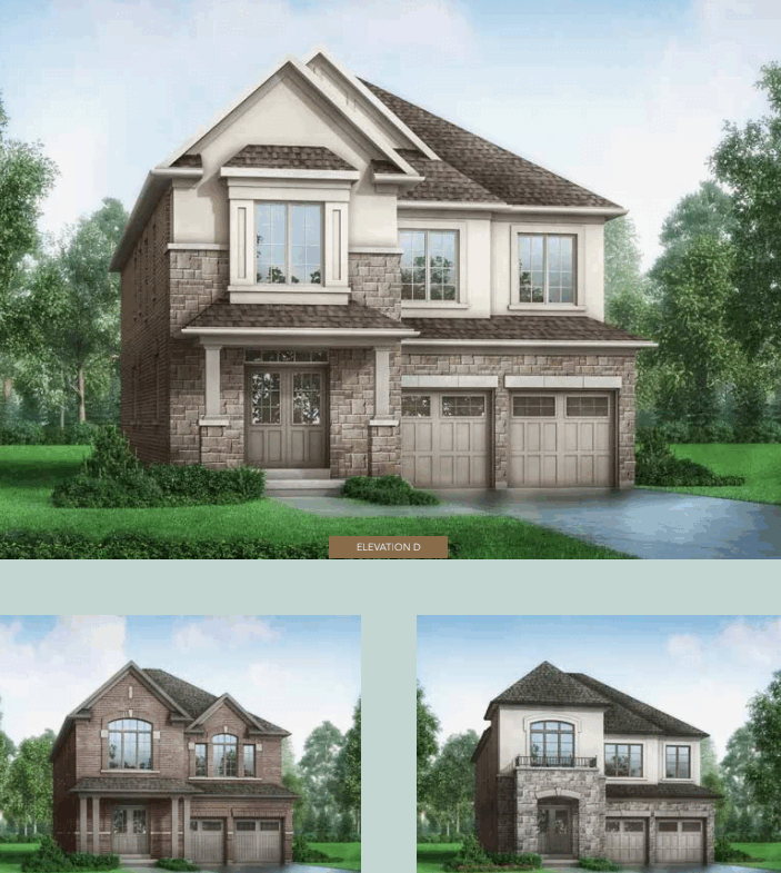 A collage of three Meadowlark Enclave Homes. The top image showcases a large house with a mix of stone and siding, two garage doors, and a prominent main entrance. Below are two images of similarly styled homes, both featuring stone exteriors, gable roofs, and double garages.
