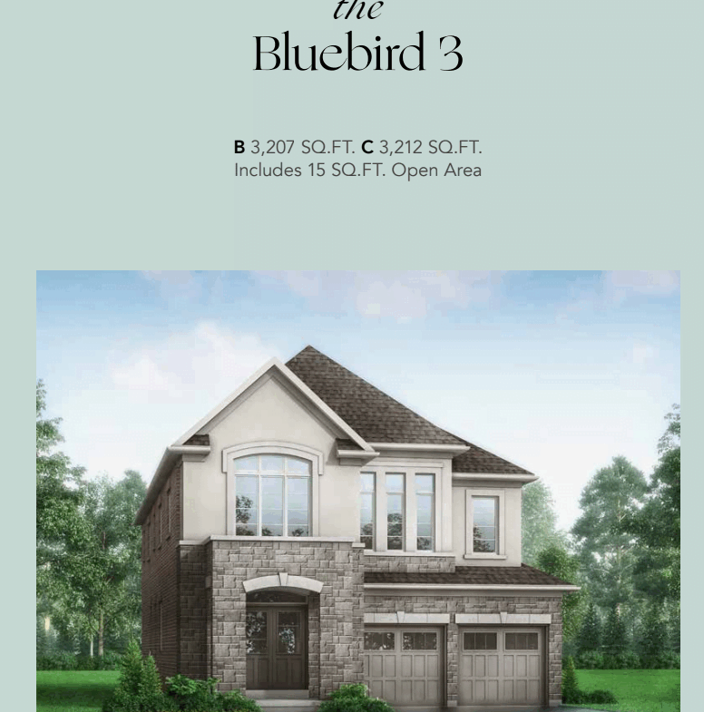 A real estate listing image featuring "The Bluebird 3," a two-story house with stone and brick exterior, arched door, large windows, and a double garage in the tranquil Enclave at Meadowlark. It includes information: B 3,207 sq. ft., C 3,212 sq. ft., and 15 sq. ft. open area.