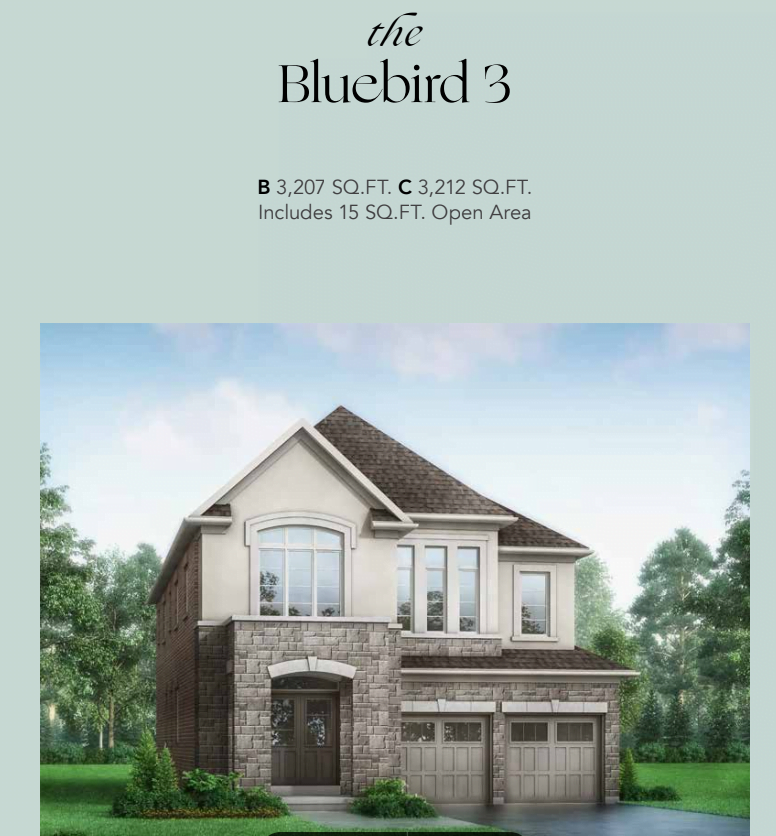 A real estate listing image featuring "The Bluebird 3," a two-story house with stone and brick exterior, arched door, large windows, and a double garage in the tranquil Enclave at Meadowlark. It includes information: B 3,207 sq. ft., C 3,212 sq. ft., and 15 sq. ft. open area.