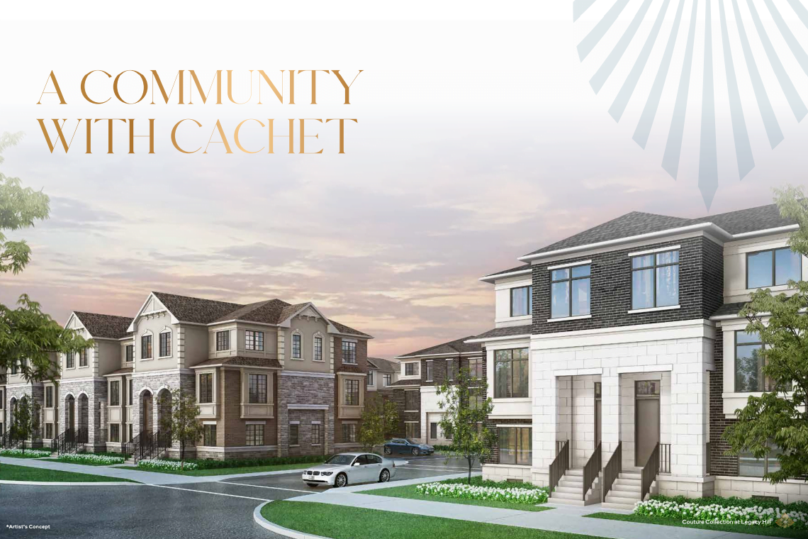 Illustration of a suburban neighborhood depicting modern, multi-story homes with well-maintained lawns and driveways. A car is parked on the street, and the setting sun casts a warm glow over the houses. The text "A Community with Cachet" is displayed in the sky, highlighting Legacy Hill's Couture Collection.