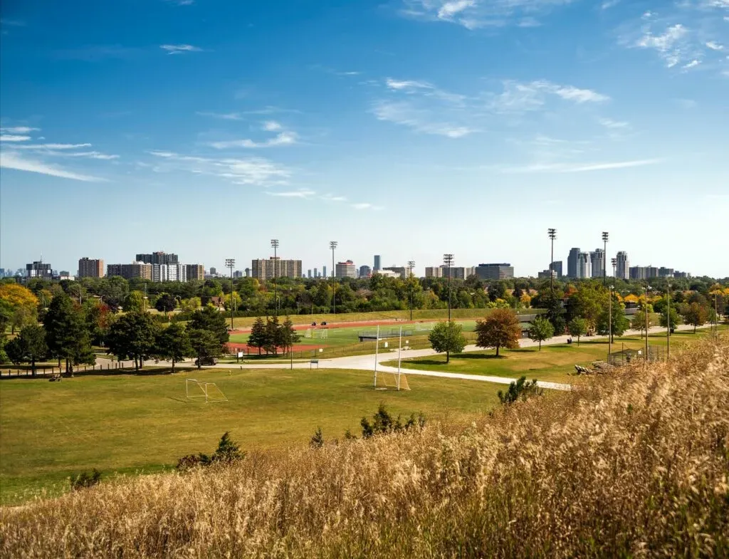 A scenic view of The Clove features grassy fields, scattered trees, and a clear sky. Soccer goals are visible on the left and a running track is in the middle distance. Tall city buildings rise in the background under a bright blue sky.