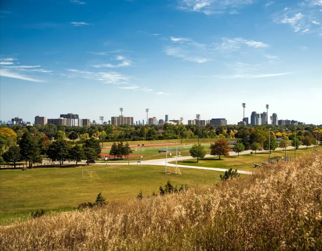A scenic view of The Clove features grassy fields, scattered trees, and a clear sky. Soccer goals are visible on the left and a running track is in the middle distance. Tall city buildings rise in the background under a bright blue sky.