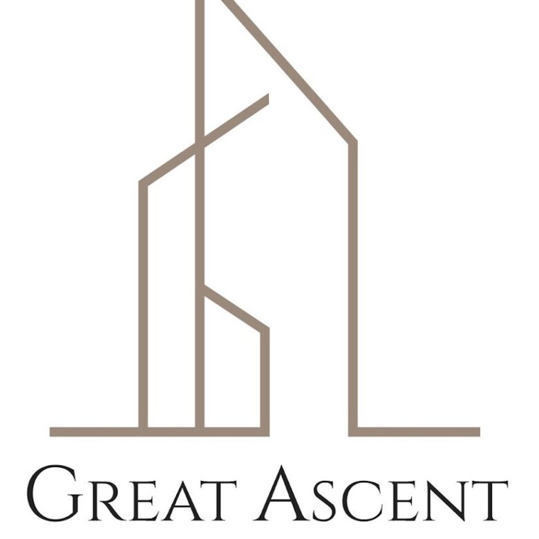 A minimalist logo for Great Ascent Homes features a stylized line drawing of a modern house, with brown lines forming a geometric structure. "Great Ascent Homes" is elegantly written in a sleek serif font below the graphic, emphasizing both sophistication and simplicity.