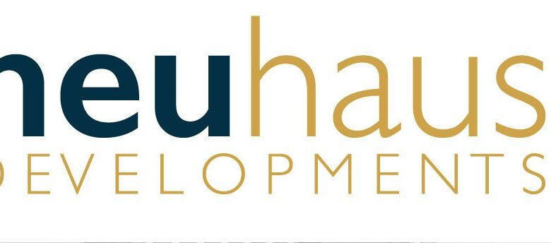 The image showcases the logo of Neuhaus Developments, a prominent name in property development. The word "neu" is in bold black, "haus" shines in gold, and "Developments" appears in gold uppercase letters beneath the unified "neuhaus" text. The background remains white, emphasizing the logo's elegance.