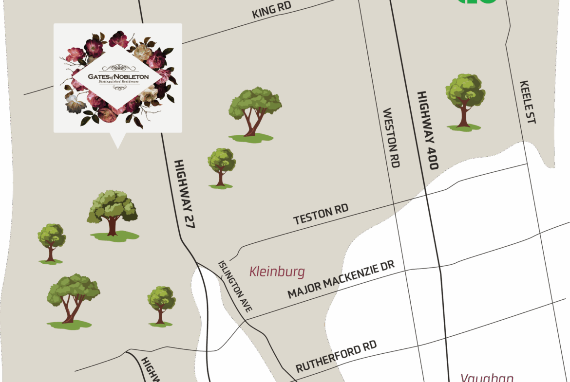 Gates of Nobleton A stylized map of Kleinburg featuring major roads like Highway 27, Highway 400, and Weston Road, with trees marked along the routes. The Gates of Nobleton is prominently labeled with a decorative floral motif, and the Metrolinx GO logo sits in the northeast corner.