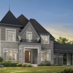 Gates of Nobleton A two-story stone house with a steep, dark gray roof is shown. It features large windows, a prominent front door, and an attached carport. Set in the prestigious Gates of Nobleton, the home boasts a well-maintained lawn with shrubs and flowers. The sky is clear, suggesting a sunny day.