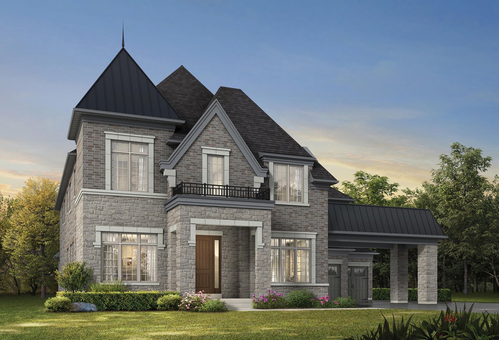 Gates of Nobleton A two-story stone house with a steep, dark gray roof is shown. It features large windows, a prominent front door, and an attached carport. Set in the prestigious Gates of Nobleton, the home boasts a well-maintained lawn with shrubs and flowers. The sky is clear, suggesting a sunny day.