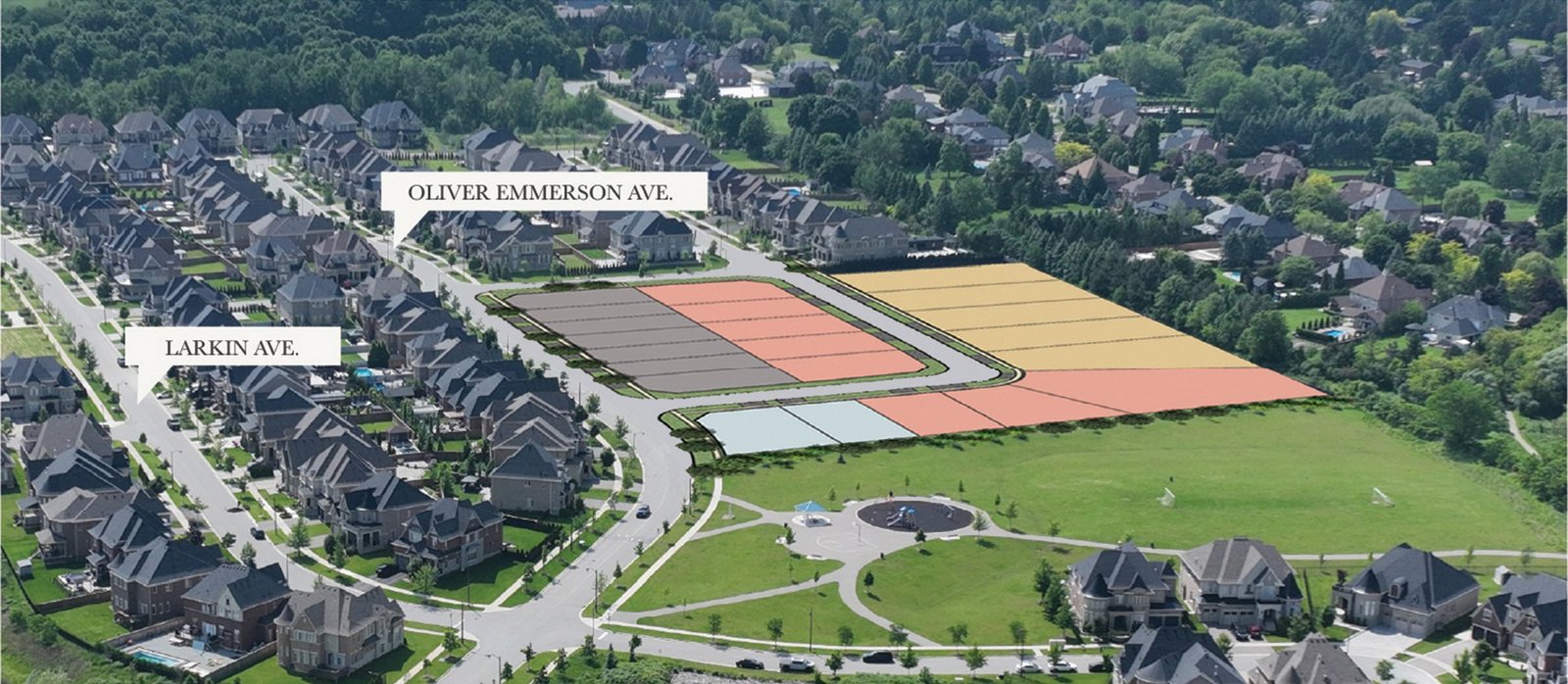 Tribute Communities An aerial view of the suburban neighborhood Gates of Nobleton shows streets labeled "Larkin Ave." and "Oliver Emmerson Ave." Rows of houses and designated plots of land, marked by different colors, are visible. Near the center is a park with a circular pathway.