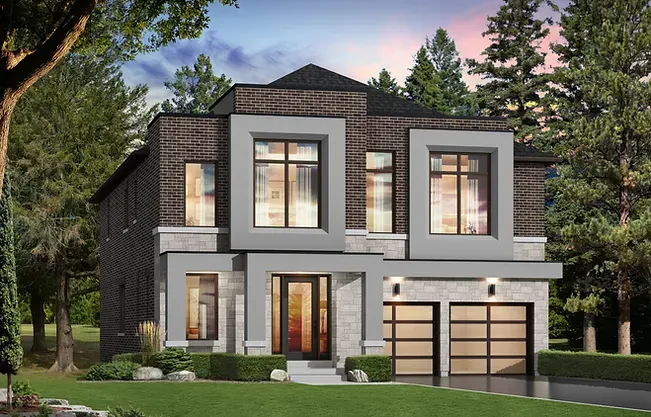 Located in the prestigious Upper Mayfield Estates, this modern two-story house boasts a sleek brick and stone facade, large windows, and a double garage. The front yard features manicured grass and trees, set against a backdrop of tall trees under the soft glow of a sunset sky.