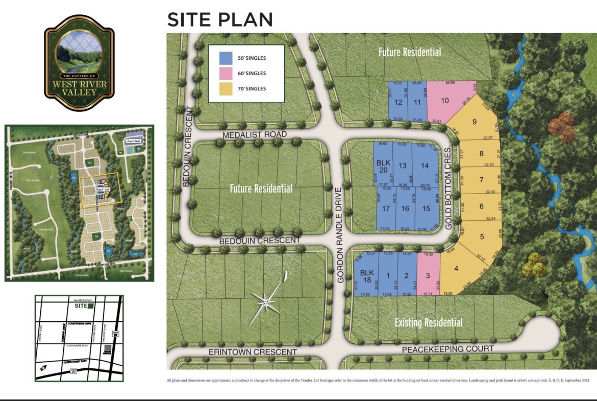 Site plan for West River Valley Estates neighborhood. Features lot layouts for single-family homes, future residential areas, roads, and existing residential zones. Includes area map and detailed block numbers.