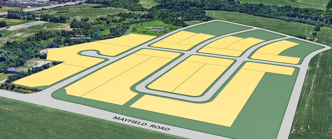 A 3D rendering of the planned Upper Mayfield Estates reveals plots outlined against lush green grass, bordered by trees and fields. A main road, "Mayfield Road," runs alongside, connecting areas designated for stormwater management and charming neighborhood parks.