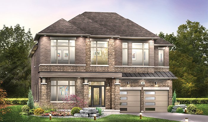 A modern two-story brick house in the West River Valley features large windows and a two-car garage. The yard boasts manicured gardens and a stone pathway. Surrounded by trees, the blue sky beautifully complements this Estates home's contemporary design.