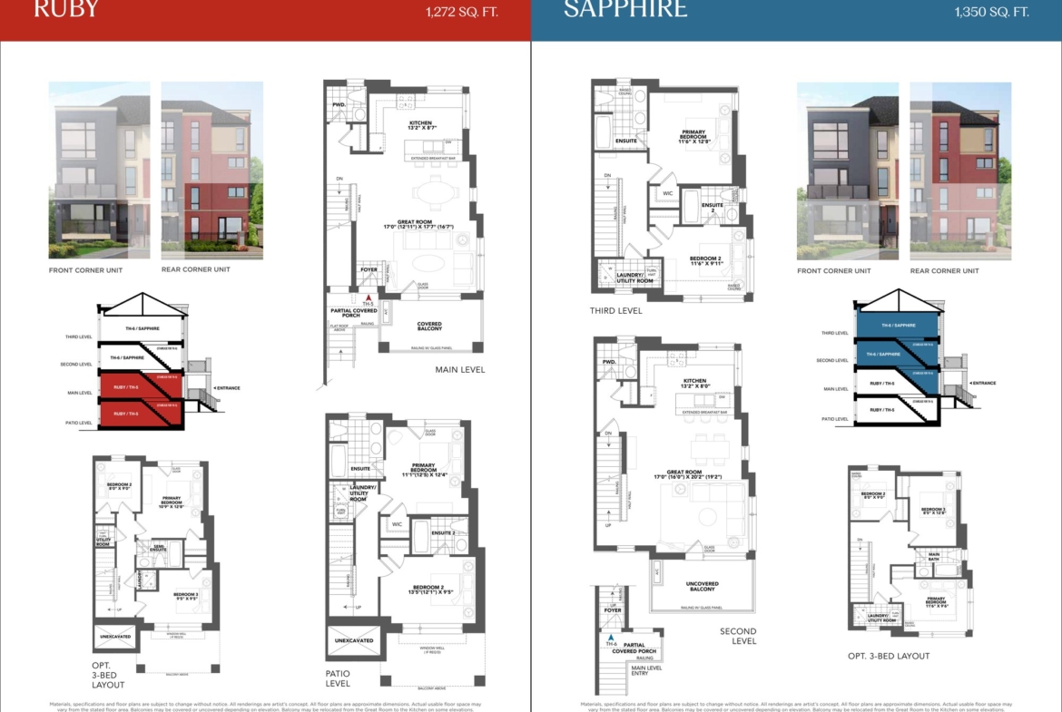 Countryside Urban Towns Ruby and Sapphire Multi-Level Urban Townhome Floor Plans