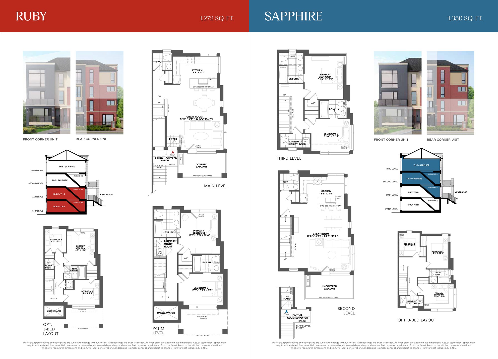 Countryside Urban Towns Ruby and Sapphire Multi-Level Urban Townhome Floor Plans