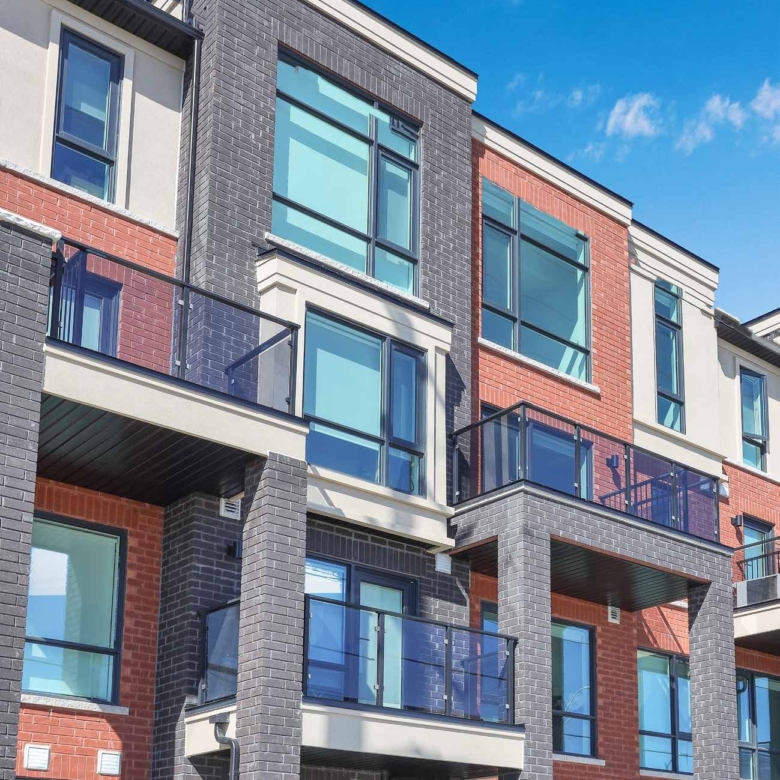 Countryside Urban Towns Modern Black Brick and Glass Balconies Exterior Rendering Brampton