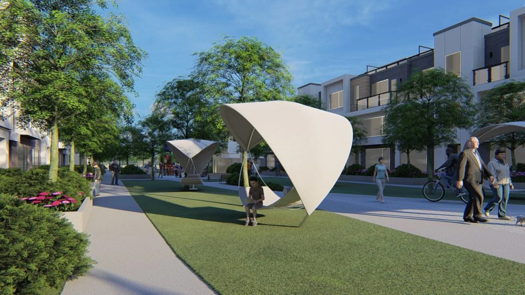 Landscaped central courtyard and outdoor amenity spaces at Elements Milton