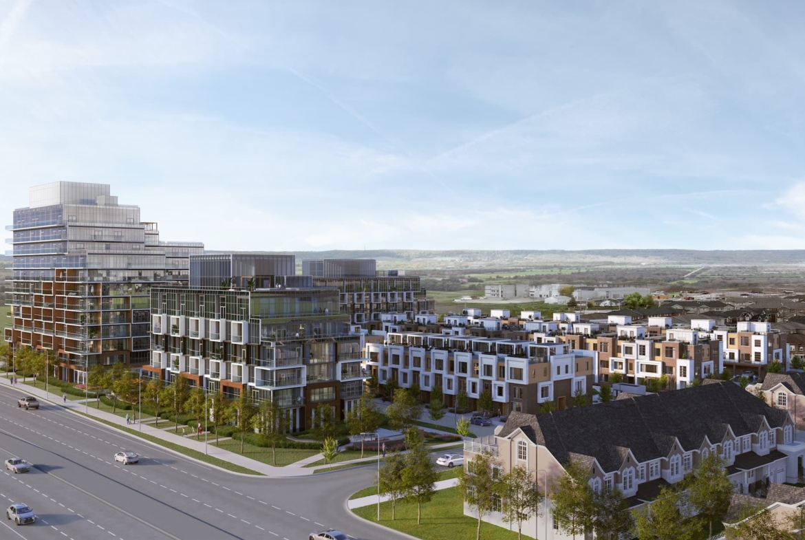 Modern rear-lane townhomes at Elements Milton with double-car garages