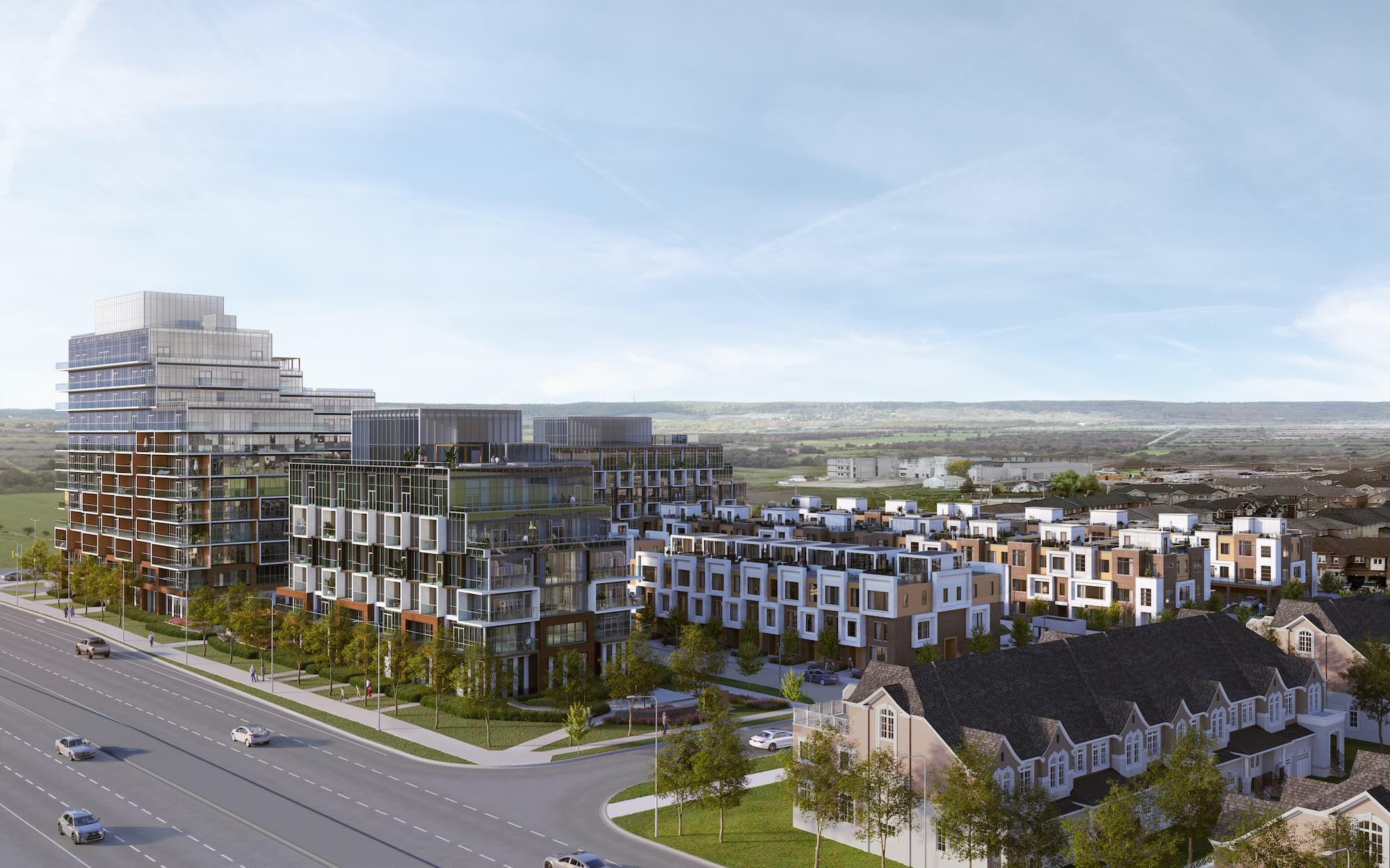 Modern rear-lane townhomes at Elements Milton with double-car garages