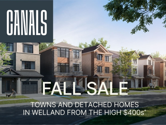 Empire Canals master-planned community streetscape architectural rendering on the Welland Canal in Welland Niagara Region