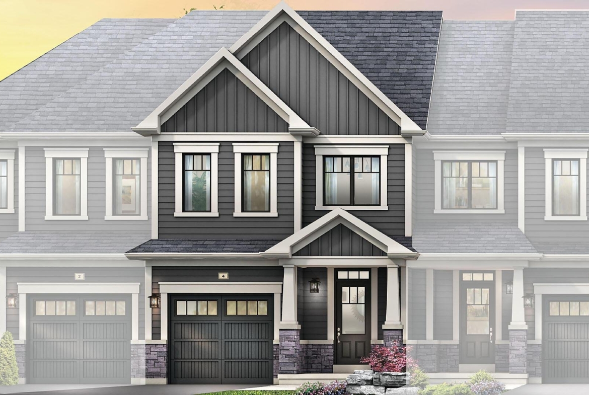 Traditional exterior architectural elevation A for freehold townhomes at Empire Riverland