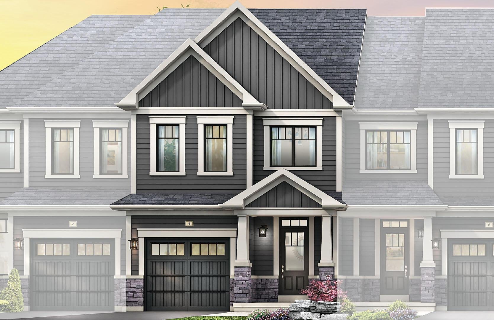 Empire Riverland Wallflower Townhomes Elevation A Traditional exterior architectural elevation A for freehold townhomes at Empire Riverland
