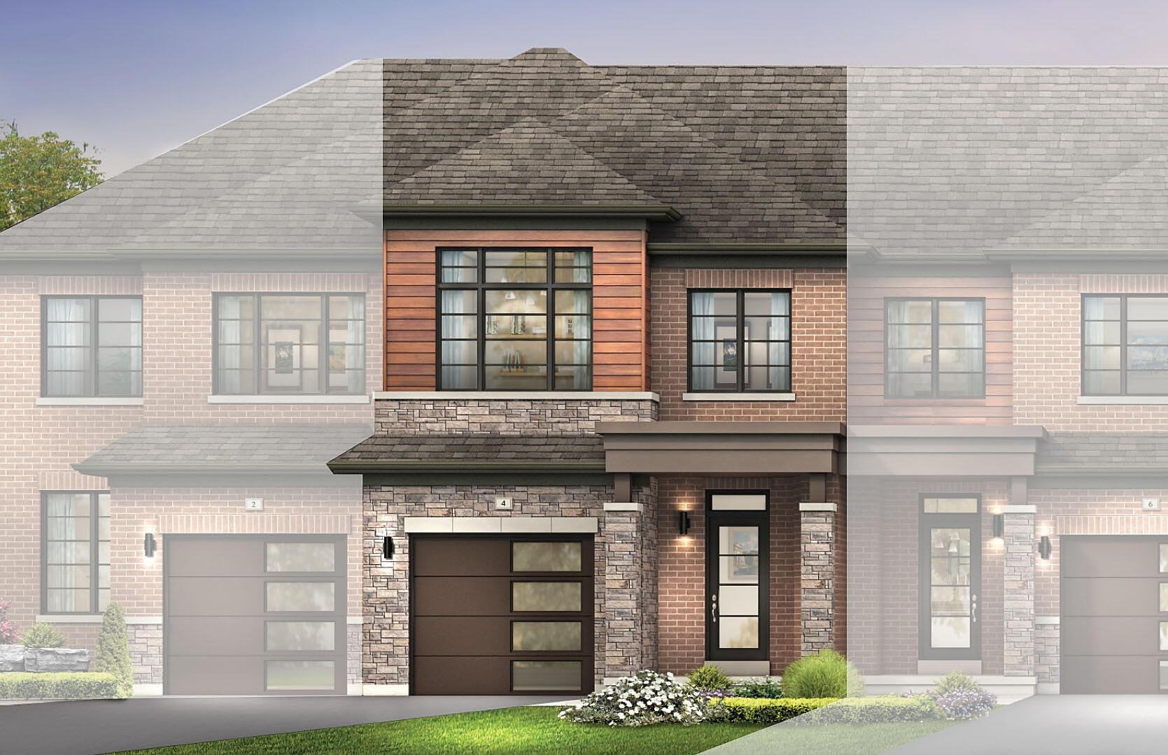 Empire Riverland Wallflower Townhomes Elevation B Modern exterior architectural elevation B for freehold townhomes at Empire Riverland