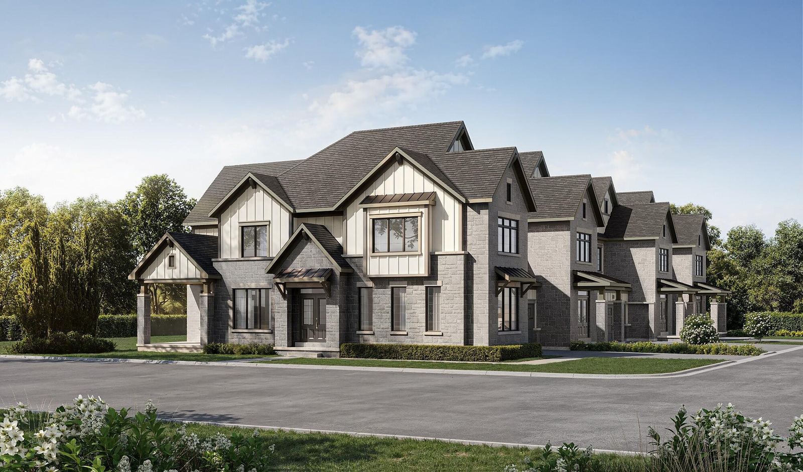 Classic architectural block exterior for the Navarra 29-foot corner executive townhome at Empire St Davids