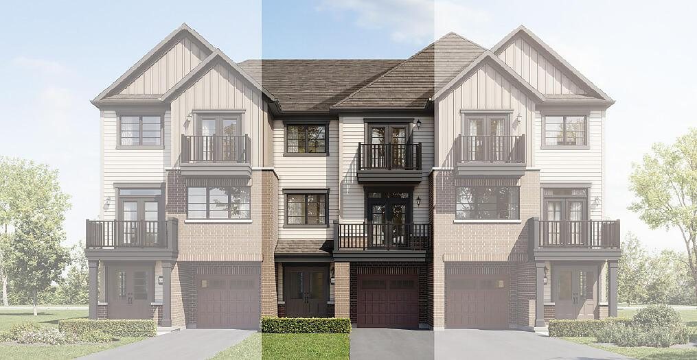 Warm farmhouse architectural exterior elevation for The Coastline village townhome at Empire Wellwood