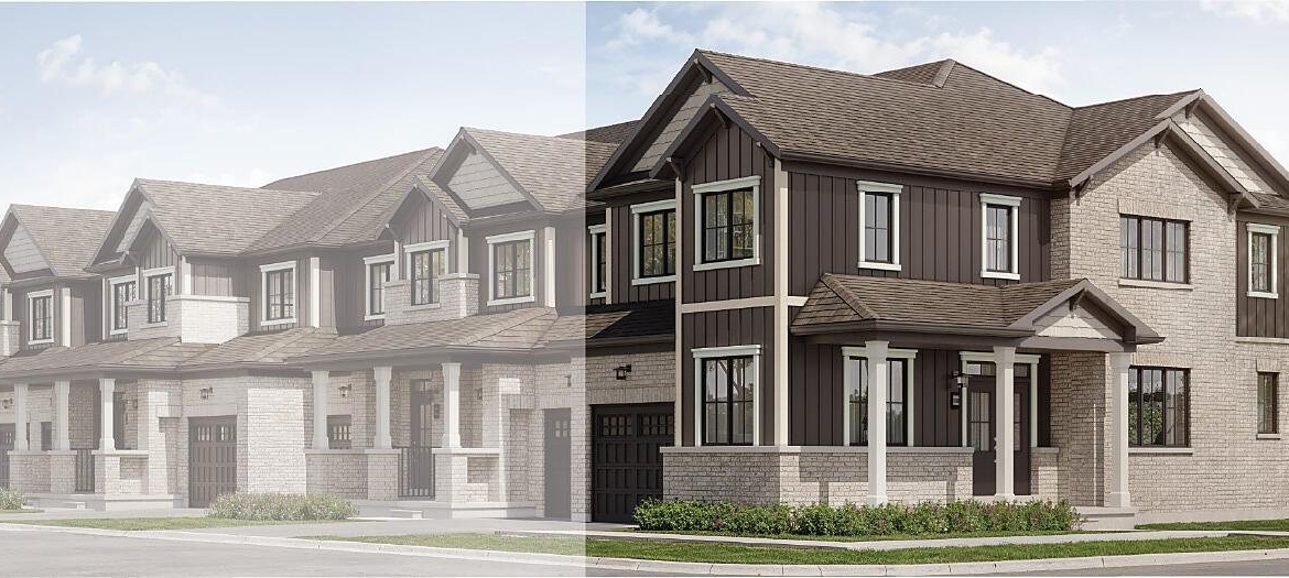Spacious corner townhome farmhouse architectural exterior for The Cypress at Empire Wellwood