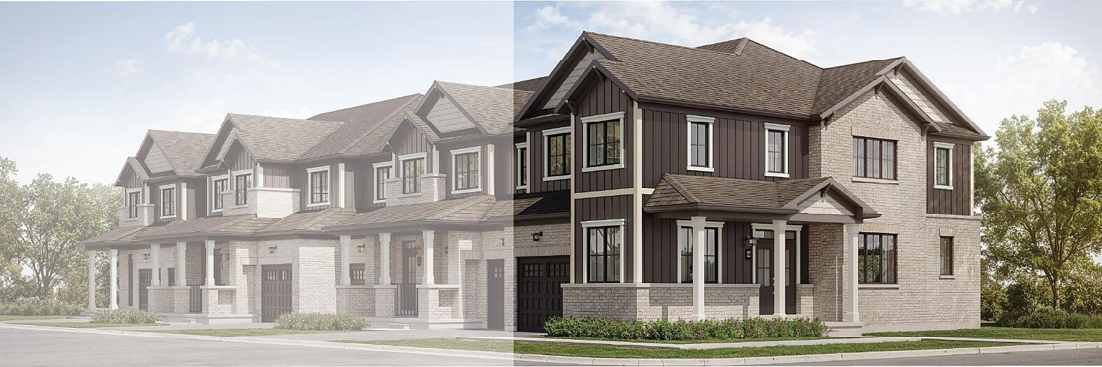 Spacious corner townhome farmhouse architectural exterior for The Cypress at Empire Wellwood