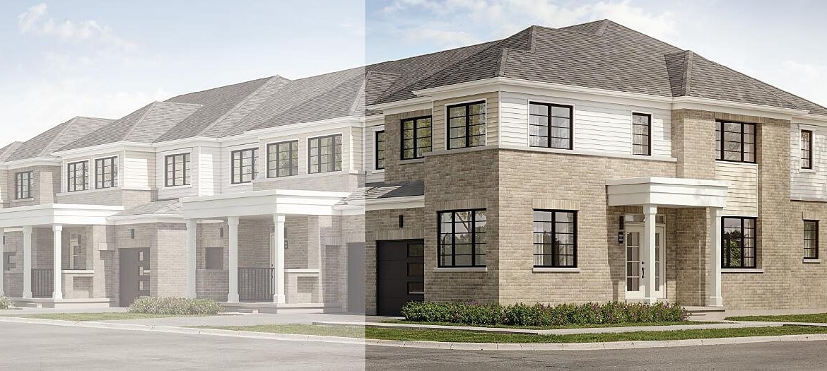 Striking modern corner townhome architectural exterior for The Cypress at Empire Wellwood