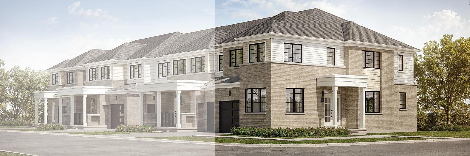 Striking modern corner townhome architectural exterior for The Cypress at Empire Wellwood