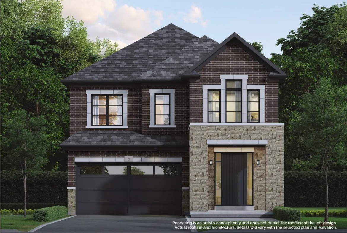 Architectural elevation B modern stone and brick facade detached home with portico at Navera Brampton