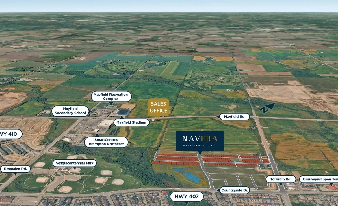 Master-planned community aerial view of Navera in northeast Brampton growth corridor