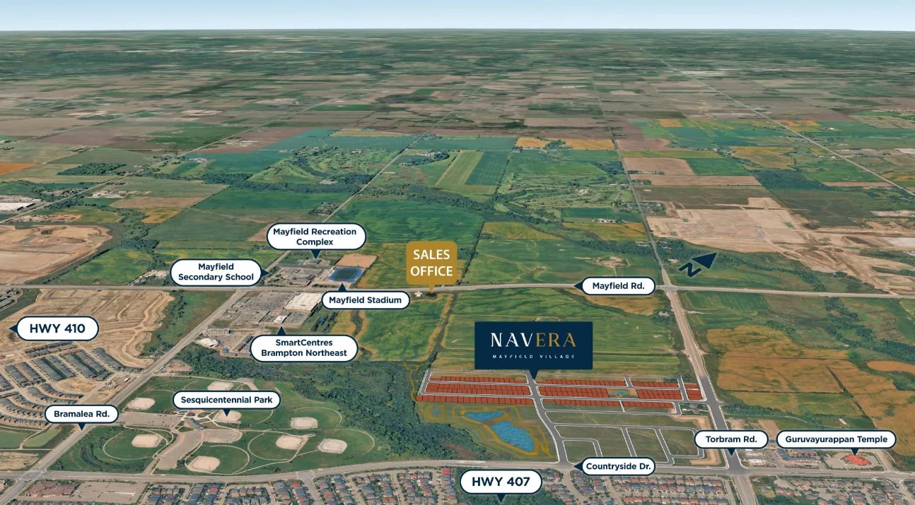 Master-planned community aerial view of Navera in northeast Brampton growth corridor