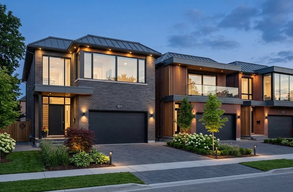 Atmospheric evening rendering of modern detached family homes at Navera Brampton