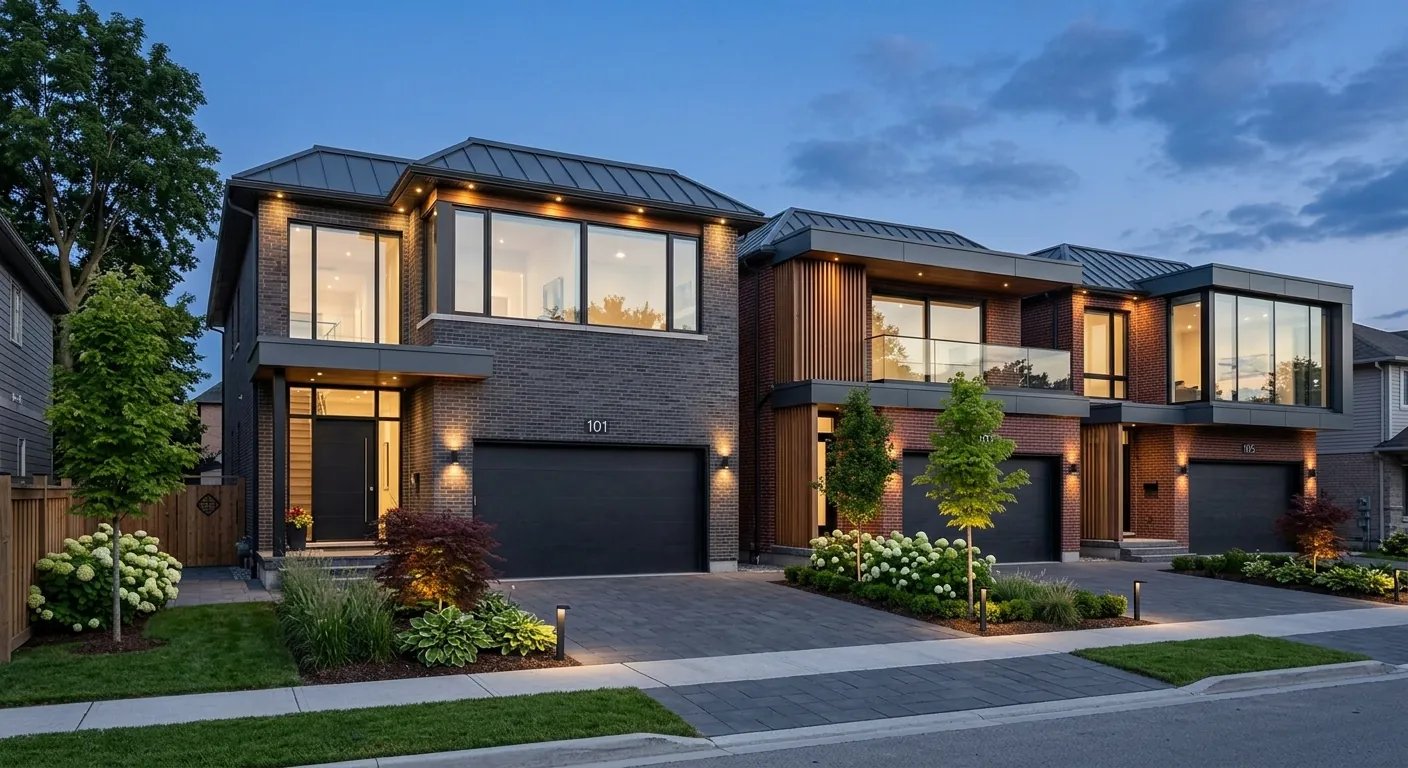 Atmospheric evening rendering of modern detached family homes at Navera Brampton