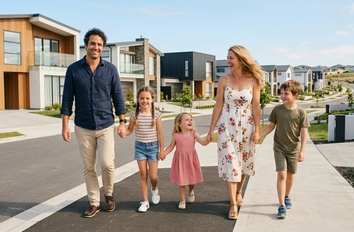 Pedestrian-friendly neighbourhood streetscape and family lifestyle at Navera Mayfield Village