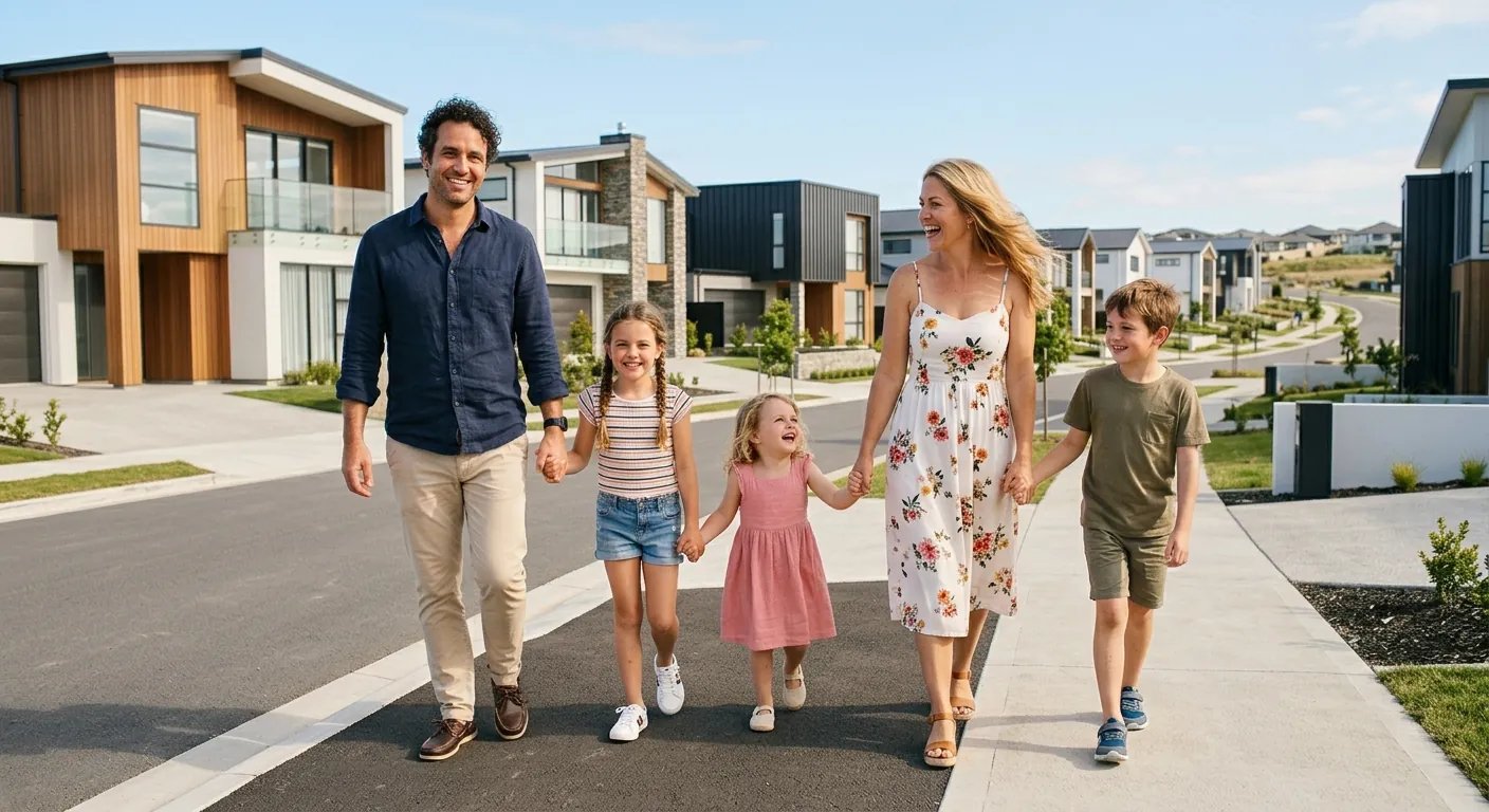 Pedestrian-friendly neighbourhood streetscape and family lifestyle at Navera Mayfield Village